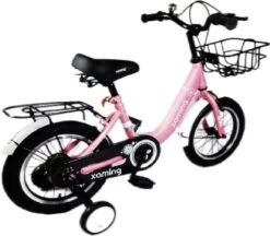 Kinderfiets -14 Inch Kinderfiets -vanaf 3-5 Jaar Jongens En Meisjes Fietsen -Terugtrap -Rem -Stabilisatoren（2 Zijwieltjes)-Mandje - Achterbank-de Bel-Roze -fiets 1200x1048