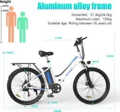 HITWAY Elektrische Fiets Voor Volwassenen | Ebikes Fietsen Stadsfiets | 250W 36V Motor | 7 VERSNELLINGSSYSTEE | 26 Inch - Wit -fiets 1200x1117