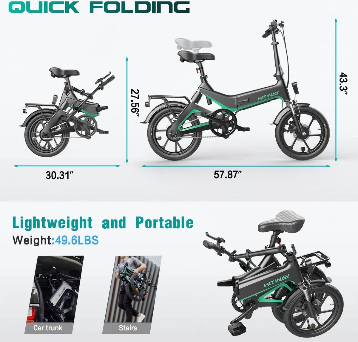 Merkloos Hitway 14F005 Elektrische Fiets E-bike | Opvouwbaar | 250W Motor | 7.5Ah | 16" | Zwart / Groen 13 Merkloos Hitway 14F005 Elektrische Fiets E-bike | Opvouwbaar | 250W Motor | 7.5Ah | 16" | Zwart / Groen - Afbeelding 11