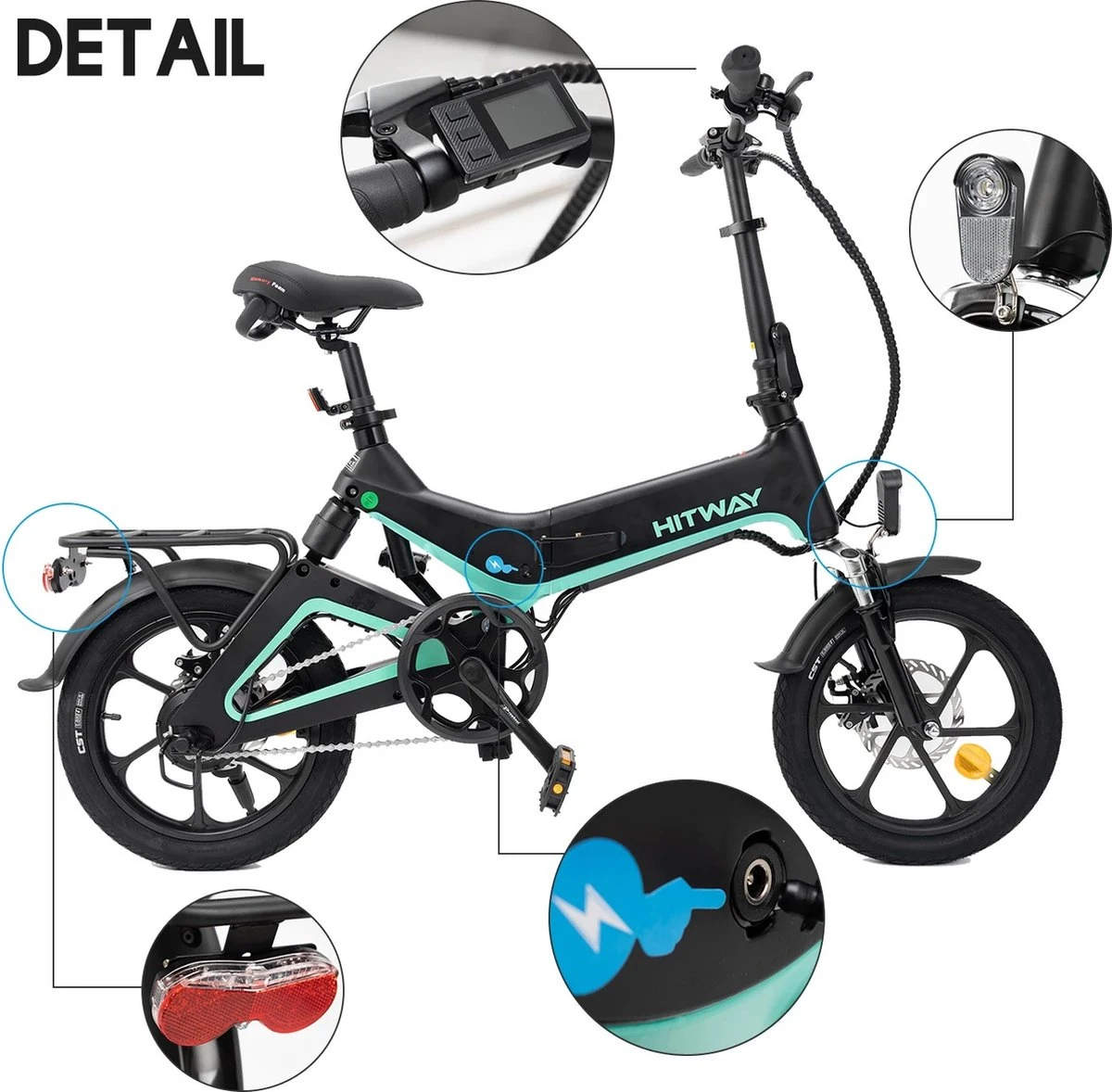 Merkloos Hitway 14F005 Elektrische Fiets E-bike | Opvouwbaar | 250W Motor | 7.5Ah | 16" | Zwart / Groen 6 Merkloos Hitway 14F005 Elektrische Fiets E-bike | Opvouwbaar | 250W Motor | 7.5Ah | 16" | Zwart / Groen - Afbeelding 4