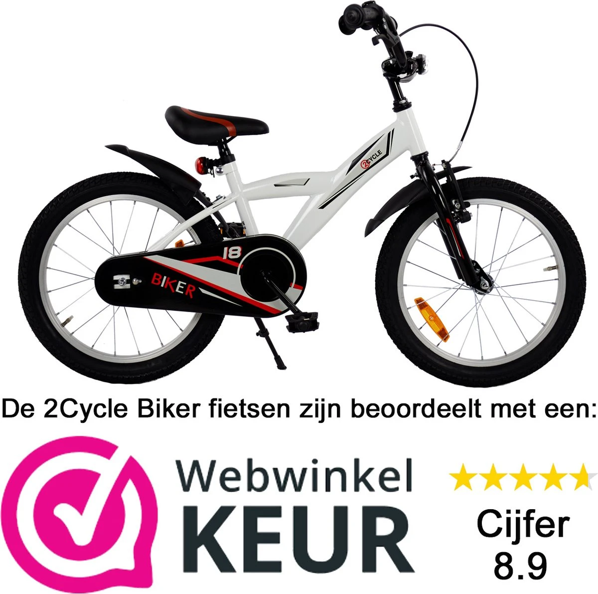 2Cycle Biker Kinderfiets - 18 Inch - Wit - Jongensfiets 4 2Cycle Biker Kinderfiets - 18 Inch - Wit - Jongensfiets - Afbeelding 2