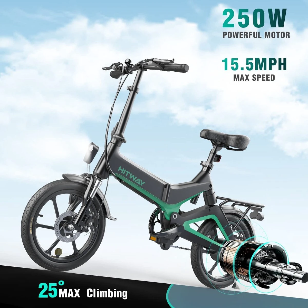 Merkloos Hitway 14F005 Elektrische Fiets E-bike | Opvouwbaar | 250W Motor | 7.5Ah | 16" | Zwart / Groen 11 Merkloos Hitway 14F005 Elektrische Fiets E-bike | Opvouwbaar | 250W Motor | 7.5Ah | 16" | Zwart / Groen - Afbeelding 9
